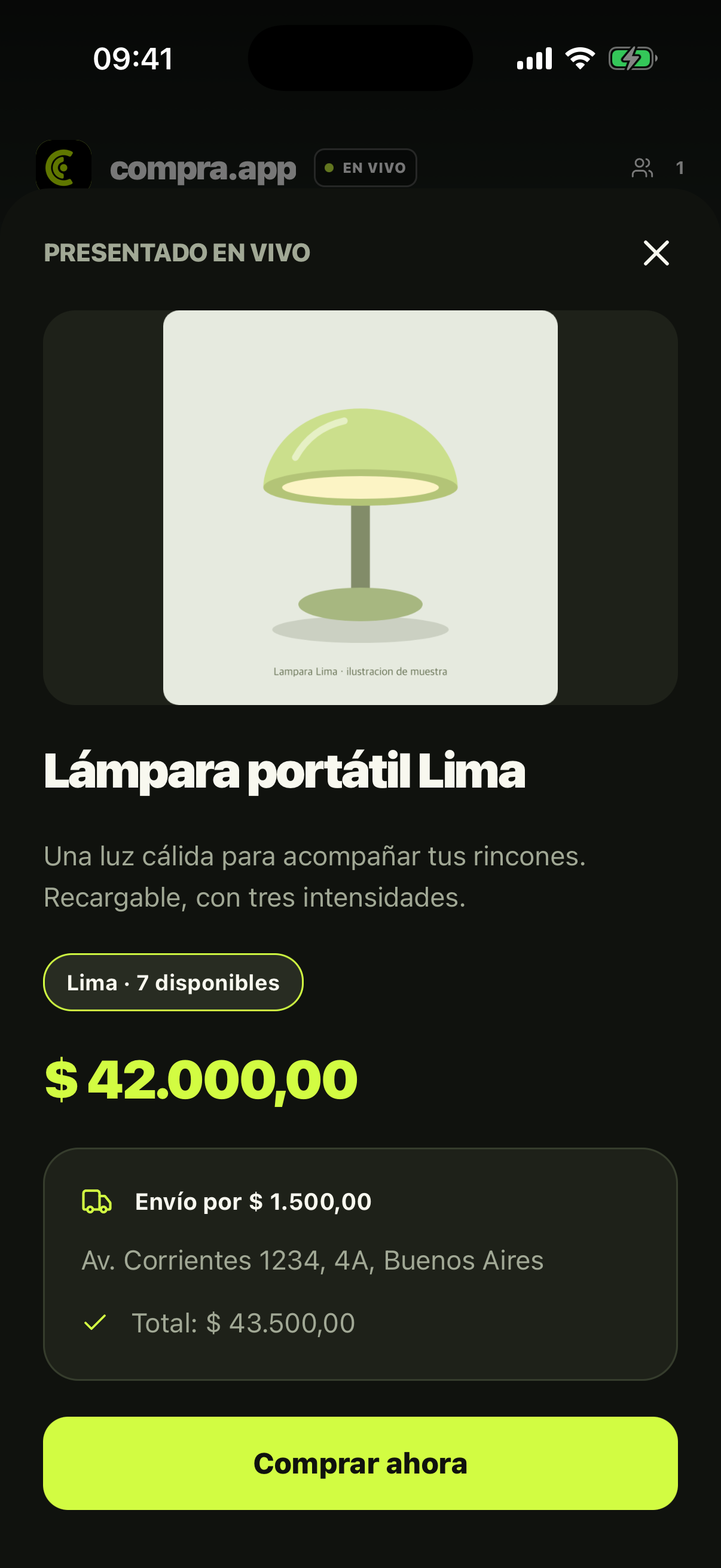 Pantalla real de compra.app: una lámpara de muestra, variante disponible, precio, envío y total antes de comprar