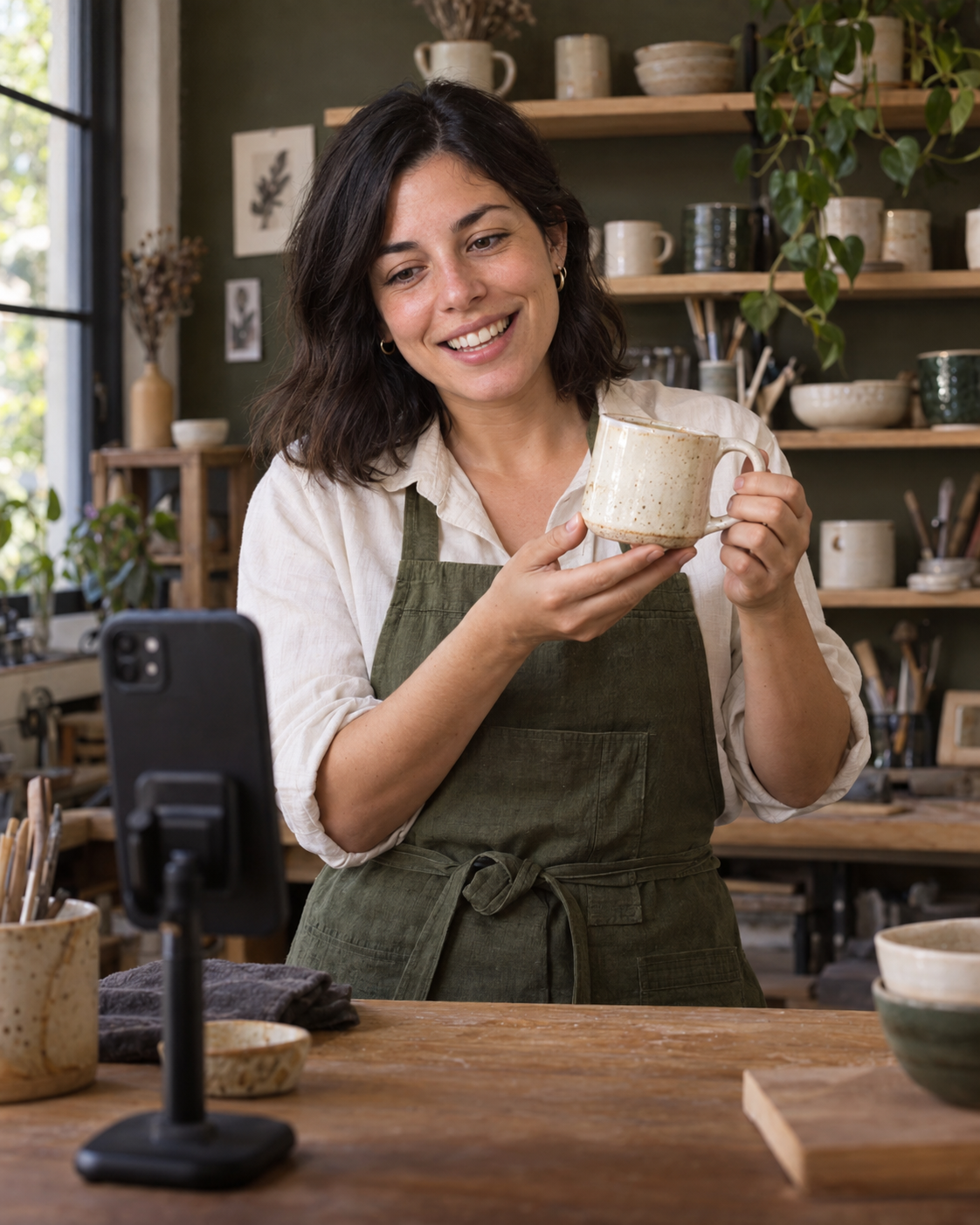 Una vendedora de cerámica muestra una taza frente a un teléfono que transmite desde su tienda